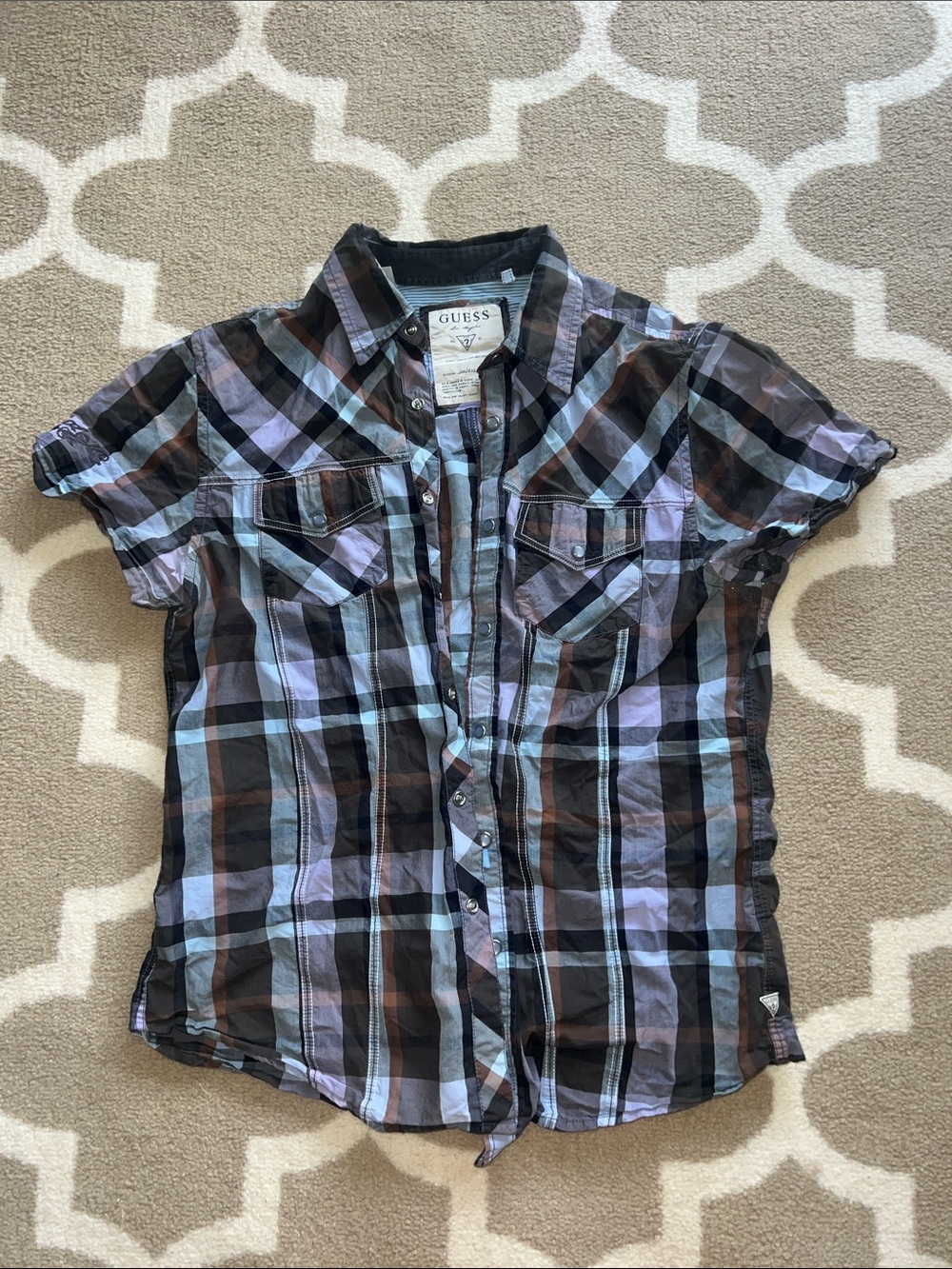 GUESS Men’s Short Sleeve Plaid Button-Down Shirt in Black, Brown & Light Blue